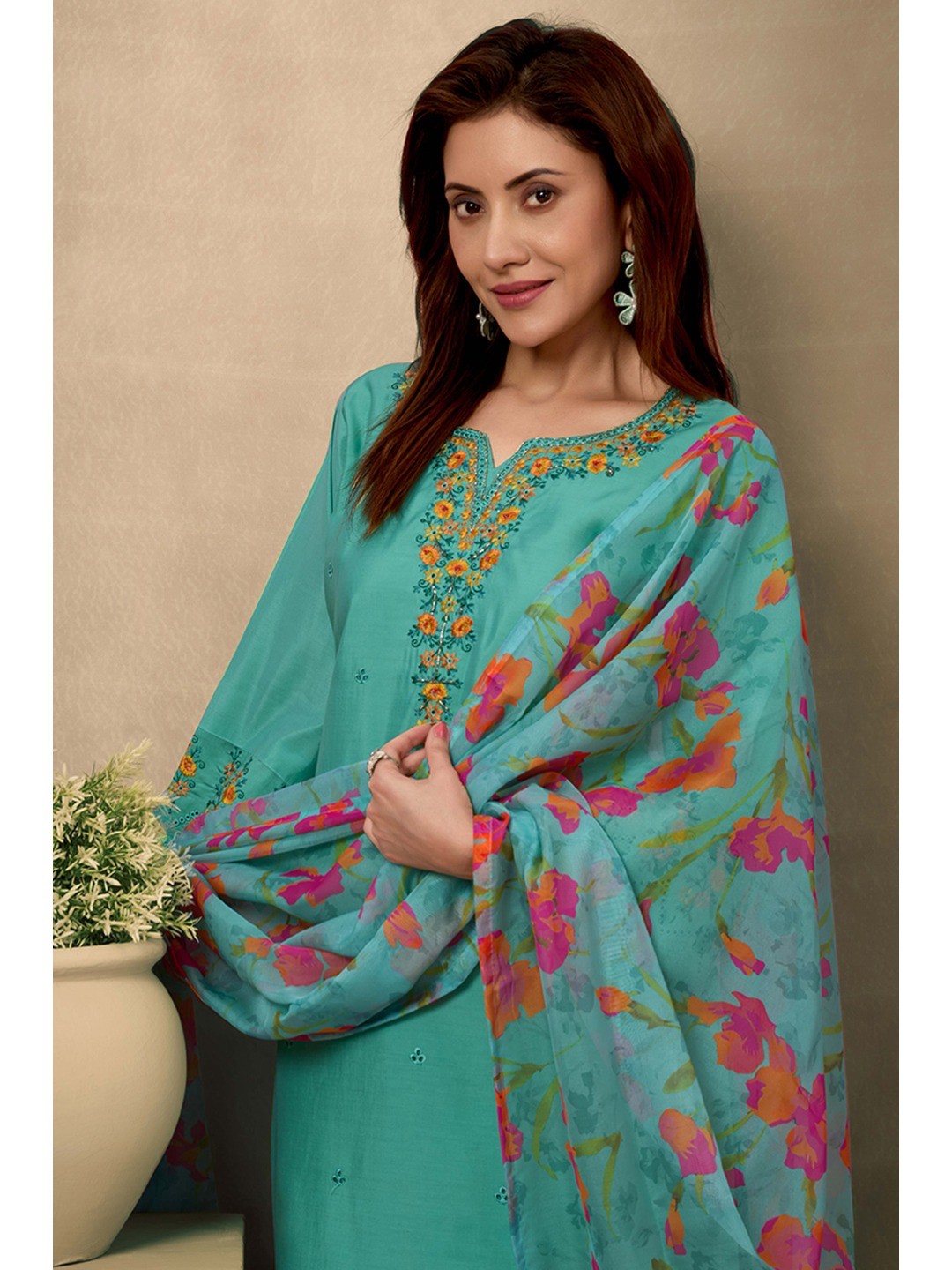 Green Floral Embroidered Straight Salwar Suit Made of Chanderi Silk. - Image 4