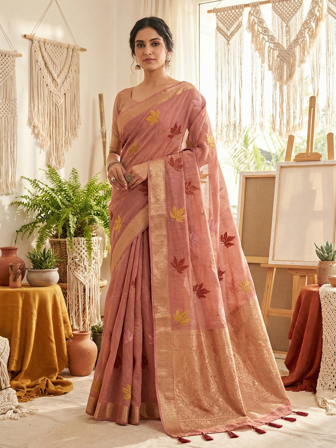 Elegant Dusty Peach Cotton Blend Saree Adorned With Leaf Embroidery & Rich Zari Weaving Work - Image 1