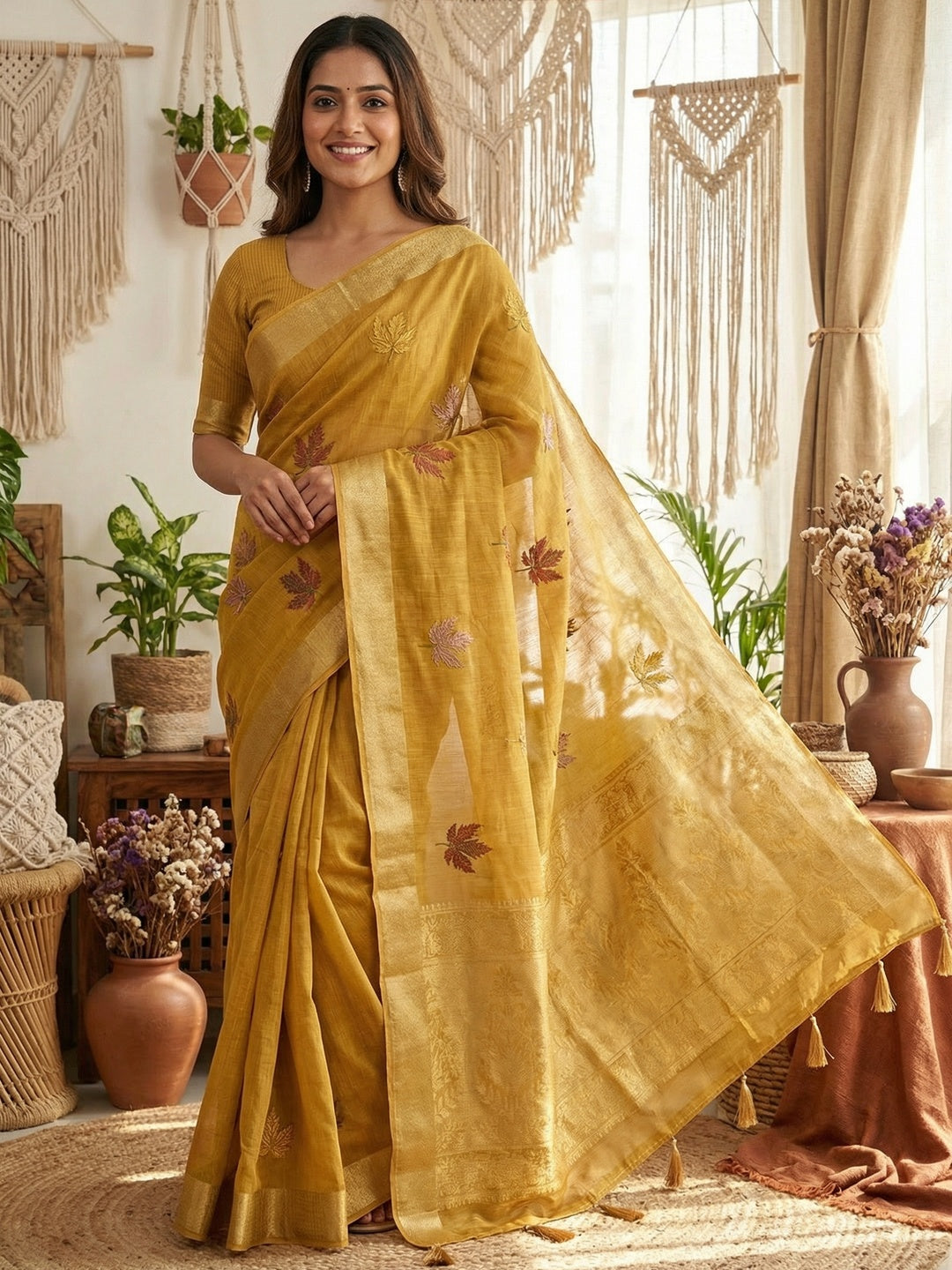 Elegant Mustard Cotton Blend Saree Adorned With Leaf Embroidery & Rich Zari Weaving Work - Image 1