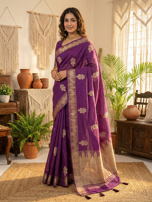 Refreshing Purple Cotton Blend Saree Highlighted By Intricate Floral Embroidery & Zari Weaving - Image 1