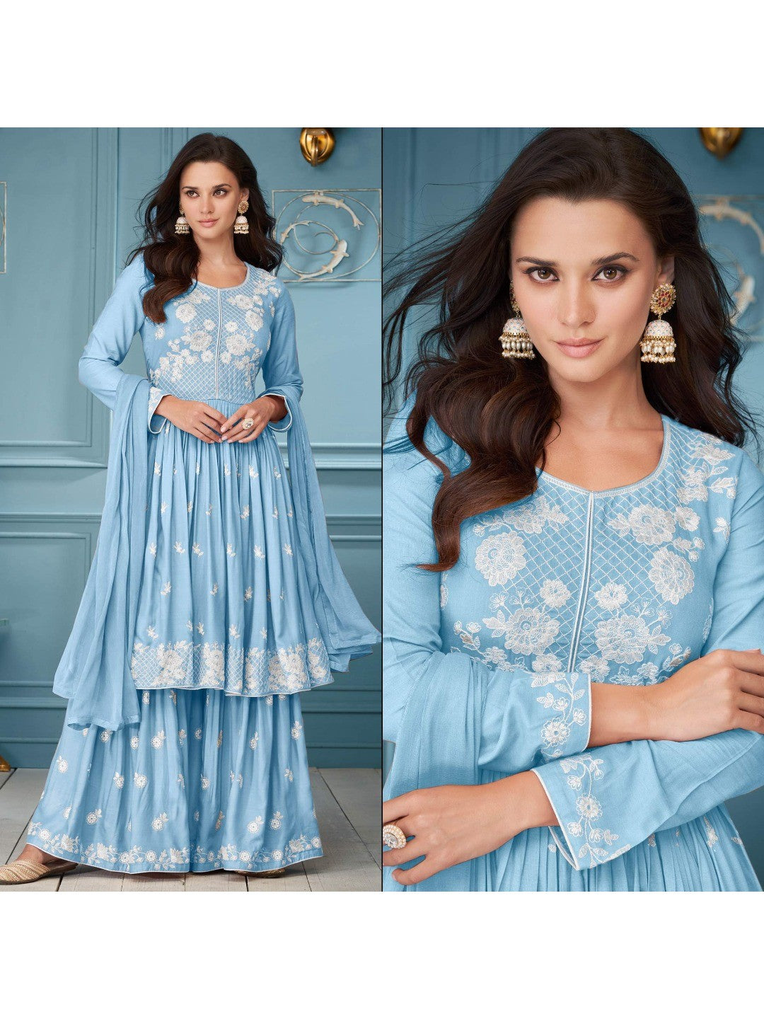 Lavender Lucknowi Embroidered Rayon Palazzo Suit - Image 1