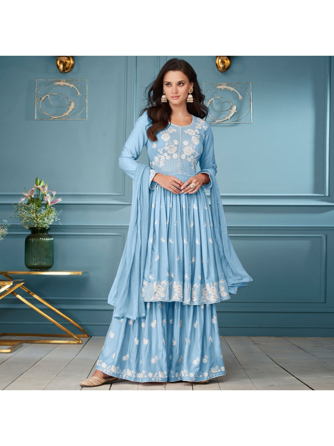 Lavender Lucknowi Embroidered Rayon Palazzo Suit - Image 1