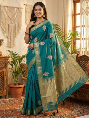 Refreshing Teal Cotton Blend Saree Highlighted By Intricate Floral Embroidery & Zari Weaving - Image 1