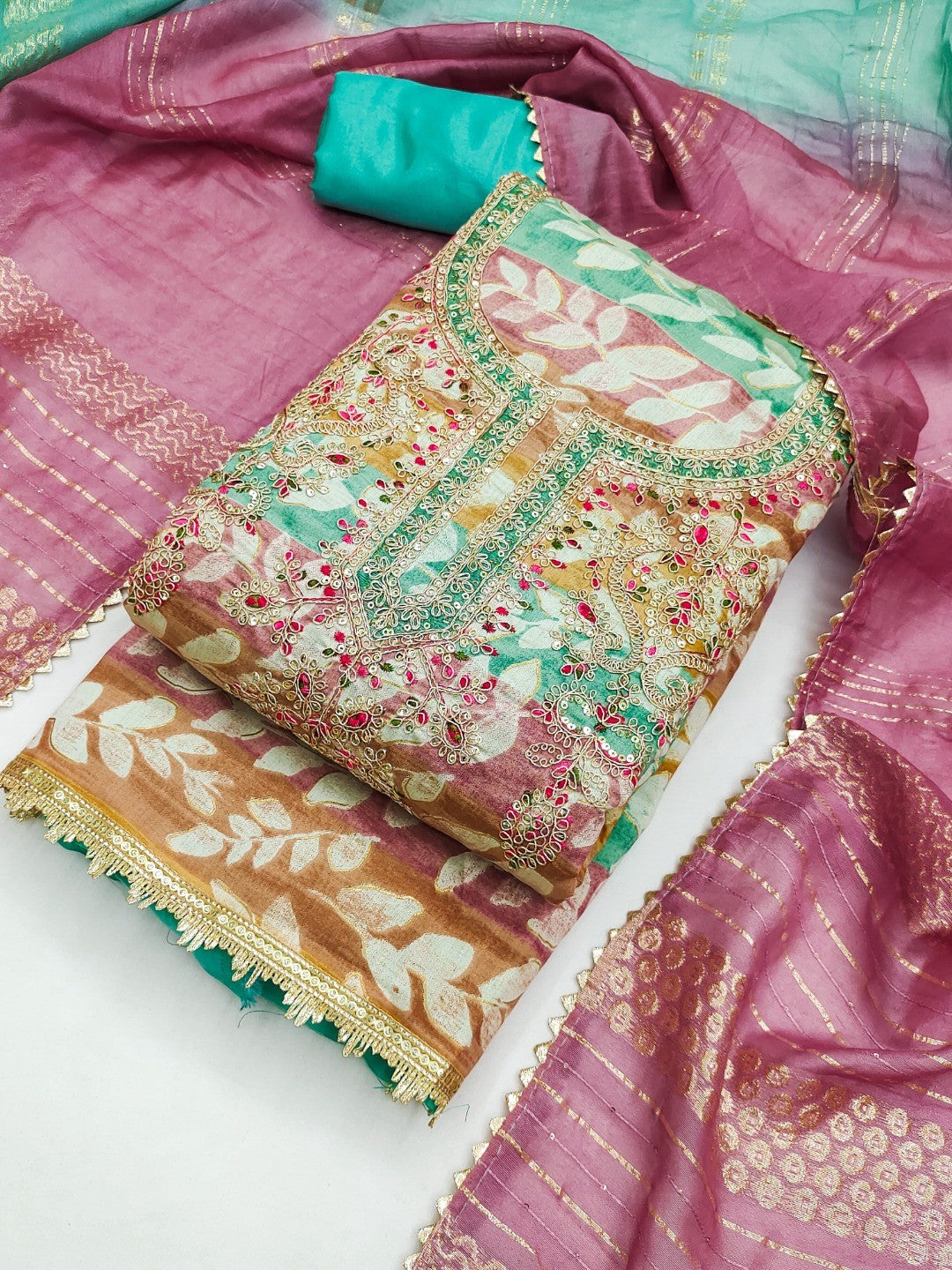 Multicolor Silk Blend Dress Material with Embroidery and Refined Thread Work - Image 1
