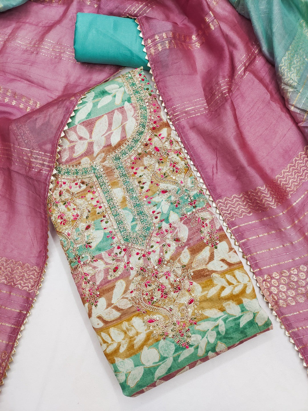 Multicolor Silk Blend Dress Material with Embroidery and Refined Thread Work - Image 3