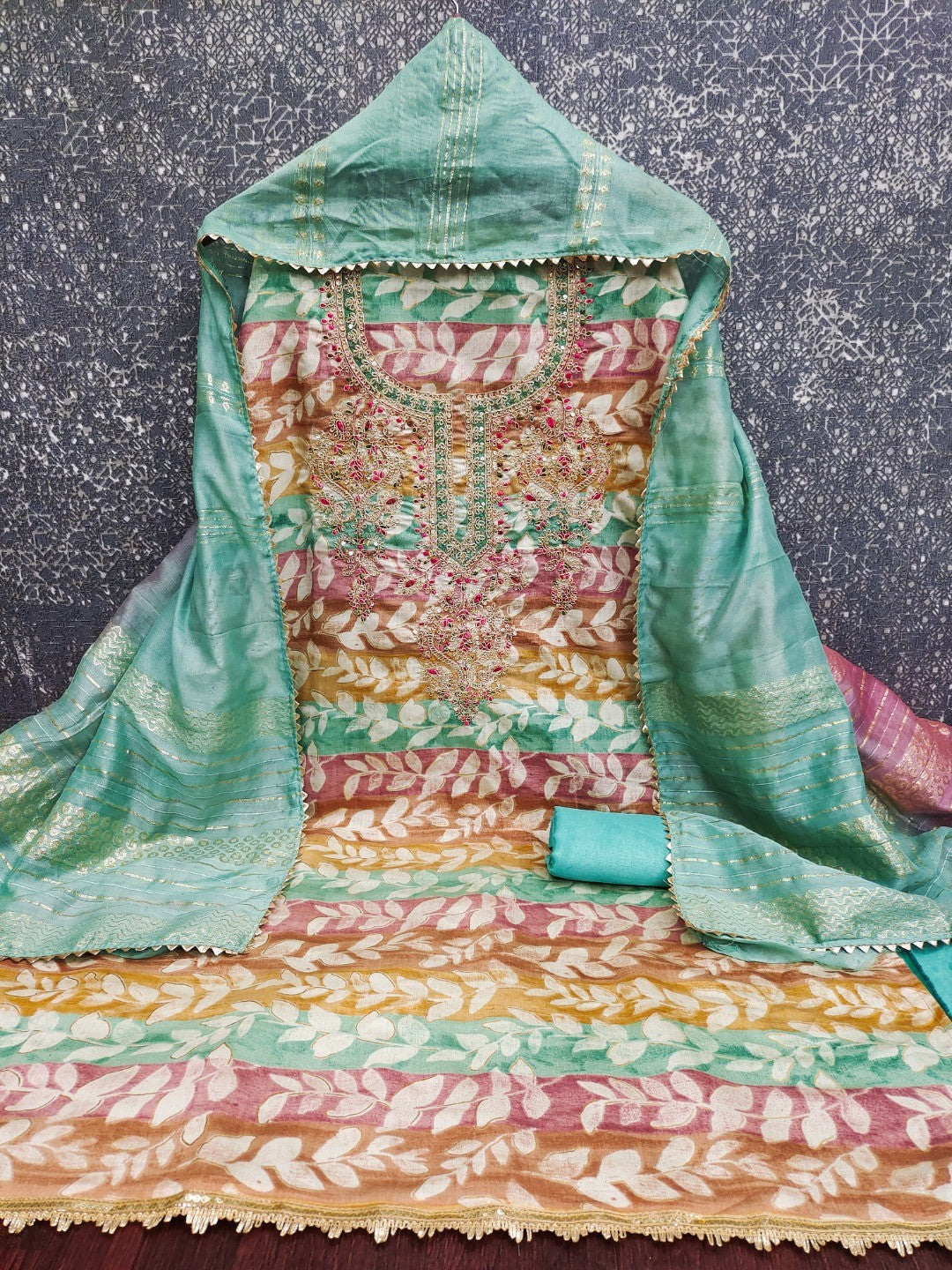 Multicolor Silk Blend Dress Material with Embroidery and Refined Thread Work - Image 3