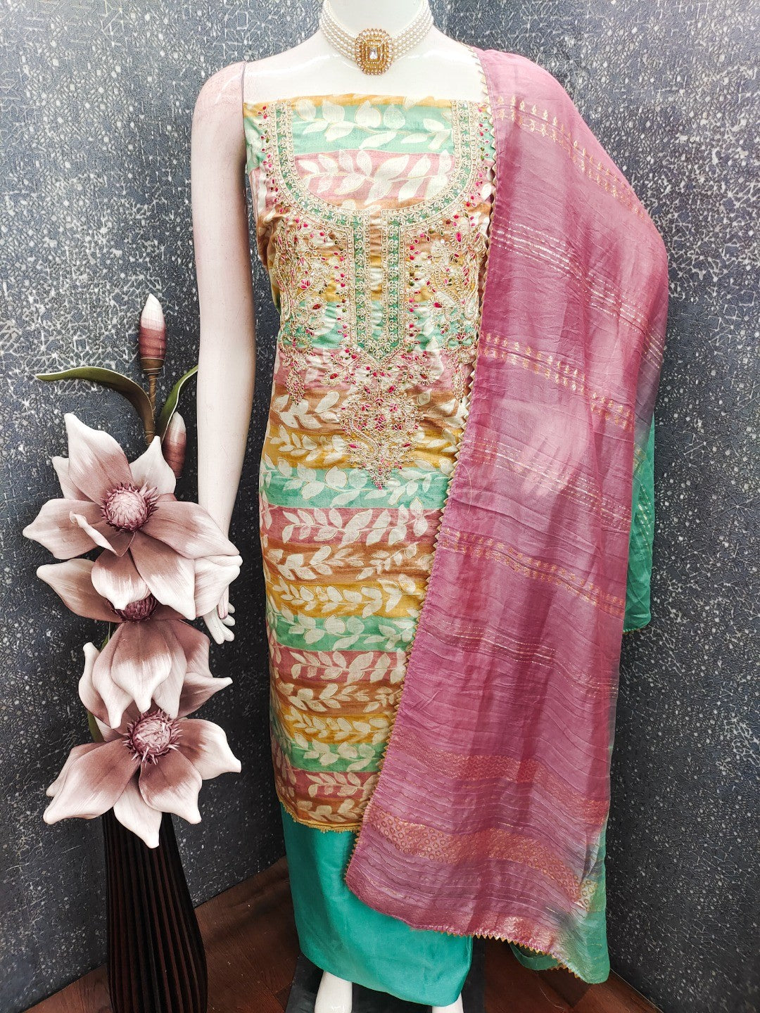 Multicolor Silk Blend Dress Material with Embroidery and Refined Thread Work - Image 2