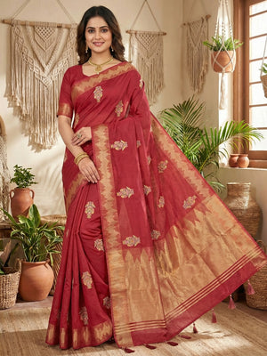 Refreshing Red Cotton Blend Saree Highlighted By Intricate Floral Embroidery & Zari Weaving - Image 1