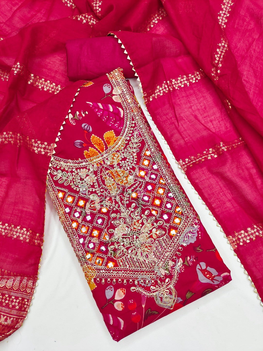 Pink Floral Print Silk Blend Dress Material with Embroidery and Timeless Floral Pattern - Image 5