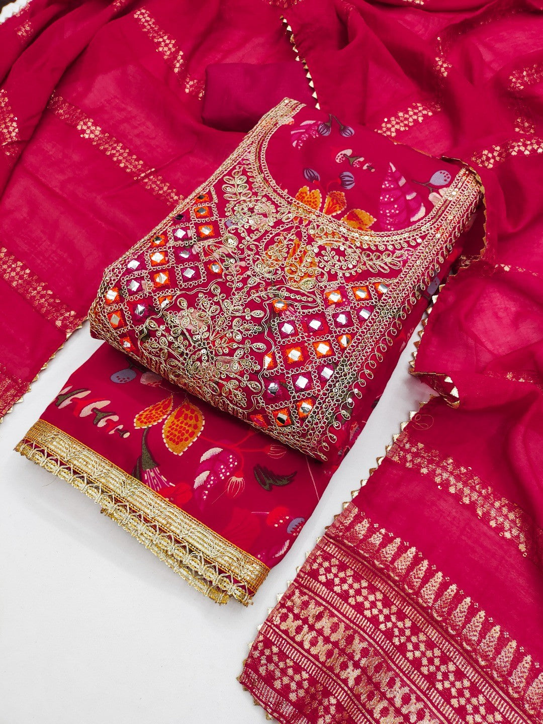 Pink Floral Print Silk Blend Dress Material with Embroidery and Timeless Floral Pattern - Image 1