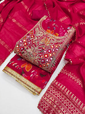 Pink Floral Print Silk Blend Dress Material with Embroidery and Timeless Floral Pattern - Image 1