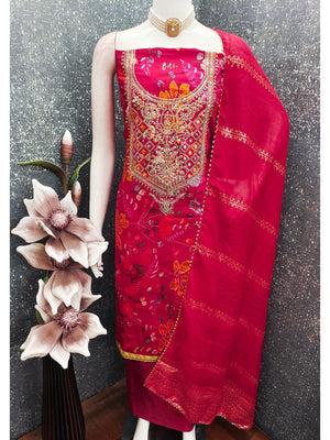Pink Floral Print Silk Blend Dress Material with Embroidery and Timeless Floral Pattern - Image 2