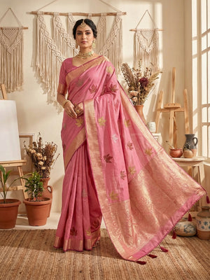 Sophisticated Pink Cotton Blend Saree Enhanced With Leaf Embroidery & Lustrous Zari Weaving - Image 1