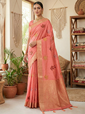 Sophisticated Coral Pink Cotton Blend Saree Enhanced With Leaf Embroidery & Lustrous Zari Weaving - Image 1