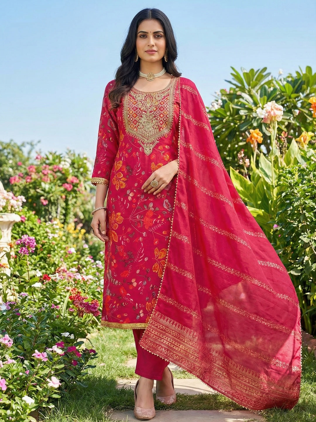 Pink Floral Print Silk Blend Dress Material with Embroidery and Timeless Floral Pattern - Image 1