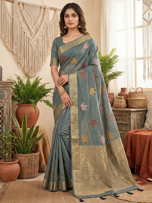 Sophisticated Grey Cotton Blend Saree Enhanced With Leaf Embroidery & Lustrous Zari Weaving - Image 1