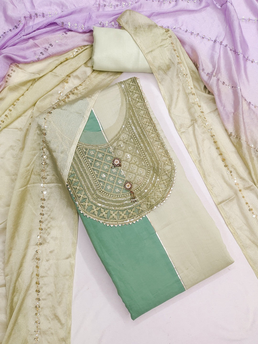 Pista Green Silk Blend Dress Material with Embroidered Neck and Detailed Craft Finish - Image 3
