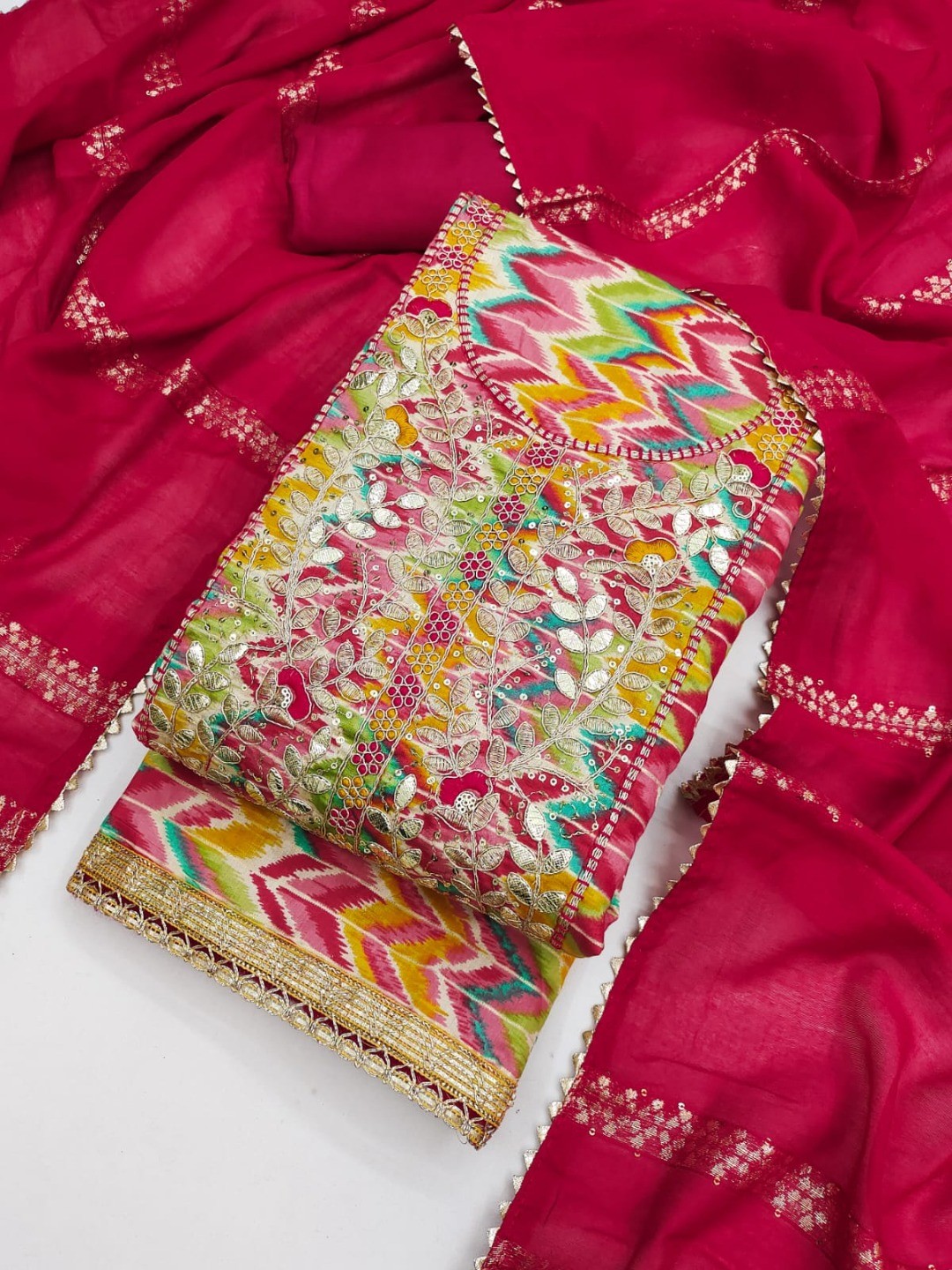 Multicolor Printed Dress Material with Red Dupatta - Image 1