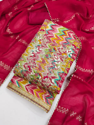 Multicolor Printed Dress Material with Red Dupatta - Image 1