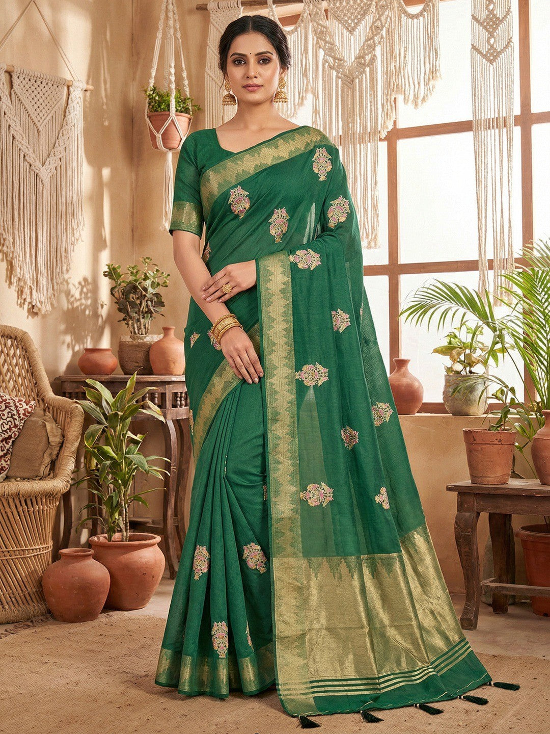 Refreshing Green Cotton Blend Saree Highlighted By Intricate Floral Embroidery & Zari Weaving - Image 1