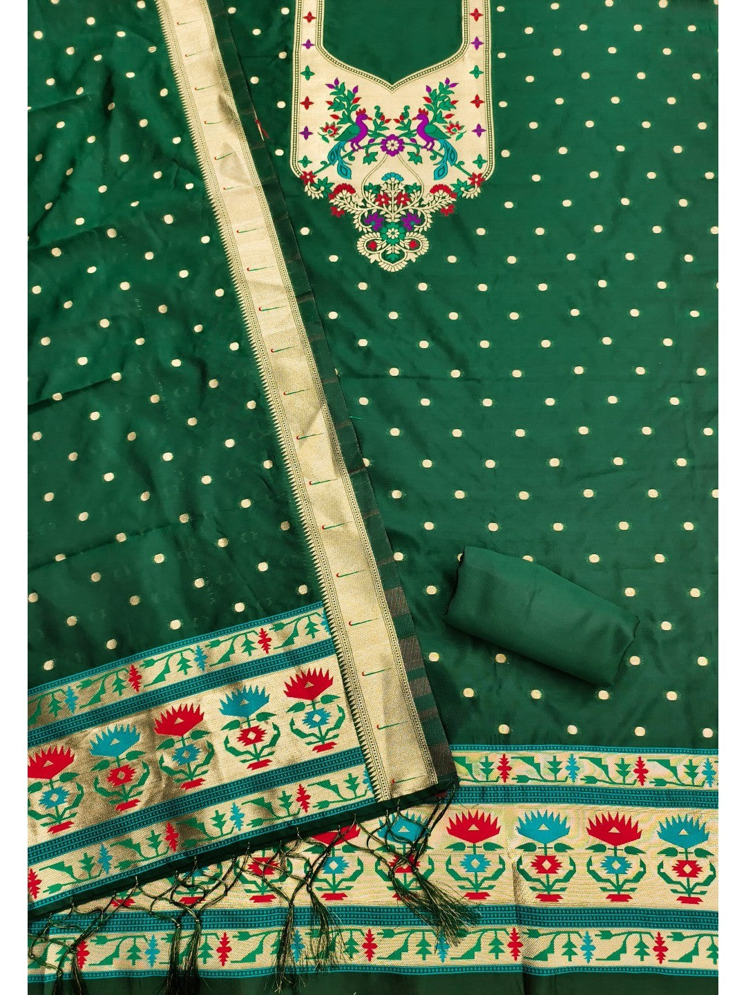 Luxury Bottle Green Floral & Peacock Design Zari Weaving Banarasi Silk Dress Material - Image 5
