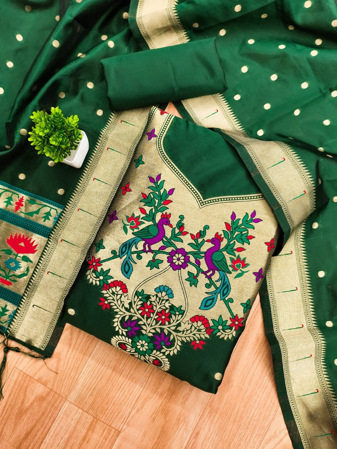 Luxury Bottle Green Floral & Peacock Design Zari Weaving Banarasi Silk Dress Material - Image 3