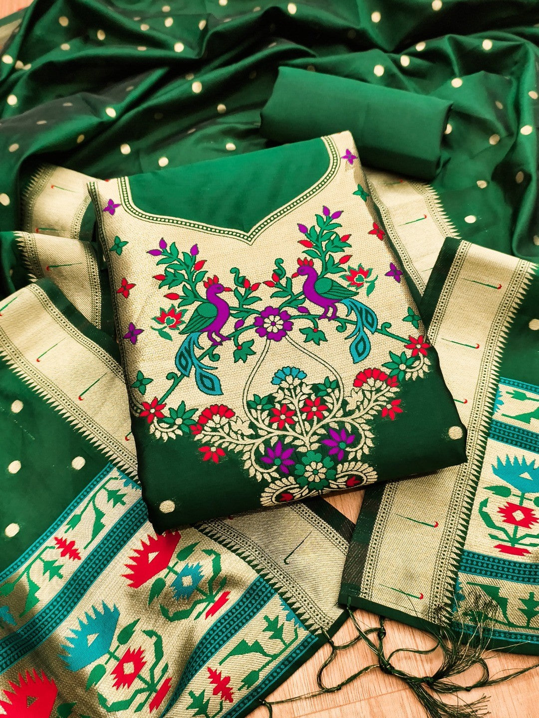 Luxury Bottle Green Floral & Peacock Design Zari Weaving Banarasi Silk Dress Material - Image 1