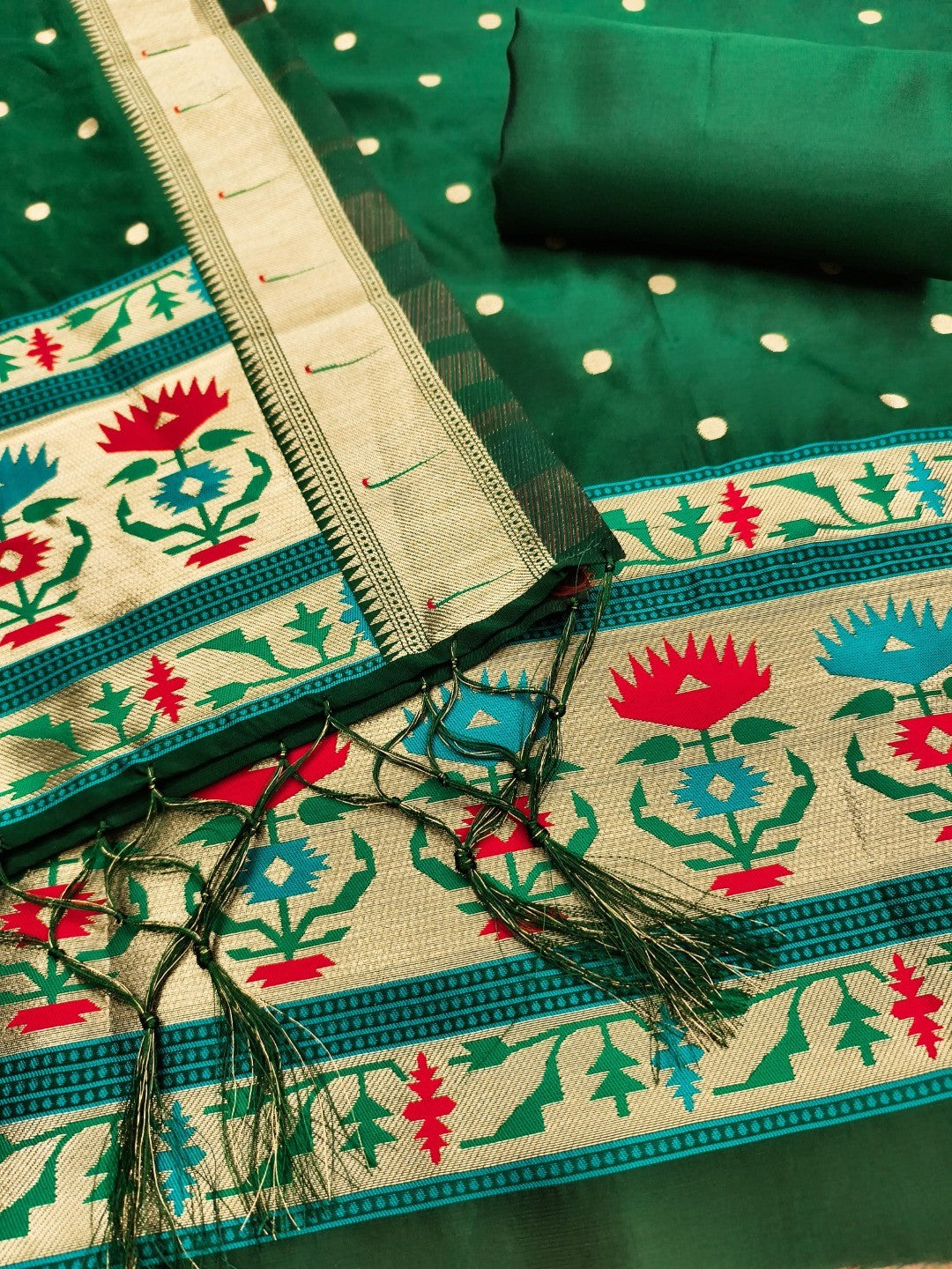 Luxury Bottle Green Floral & Peacock Design Zari Weaving Banarasi Silk Dress Material - Image 4