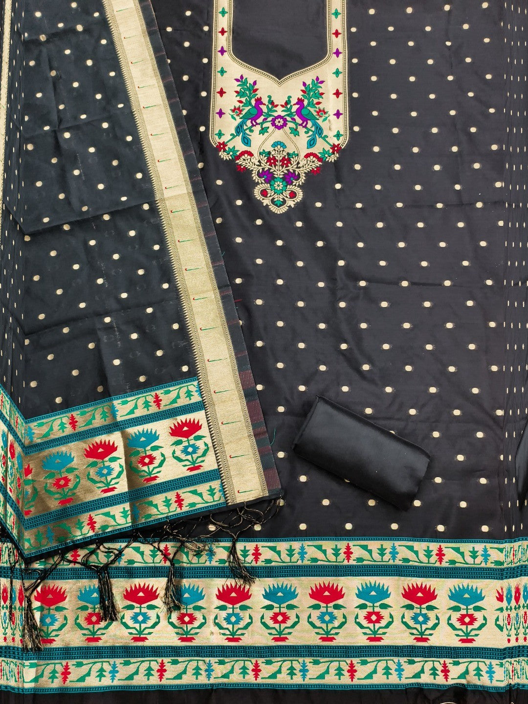 Luxury Black Floral & Peacock Design Zari Weaving Banarasi Silk Dress Material - Image 4