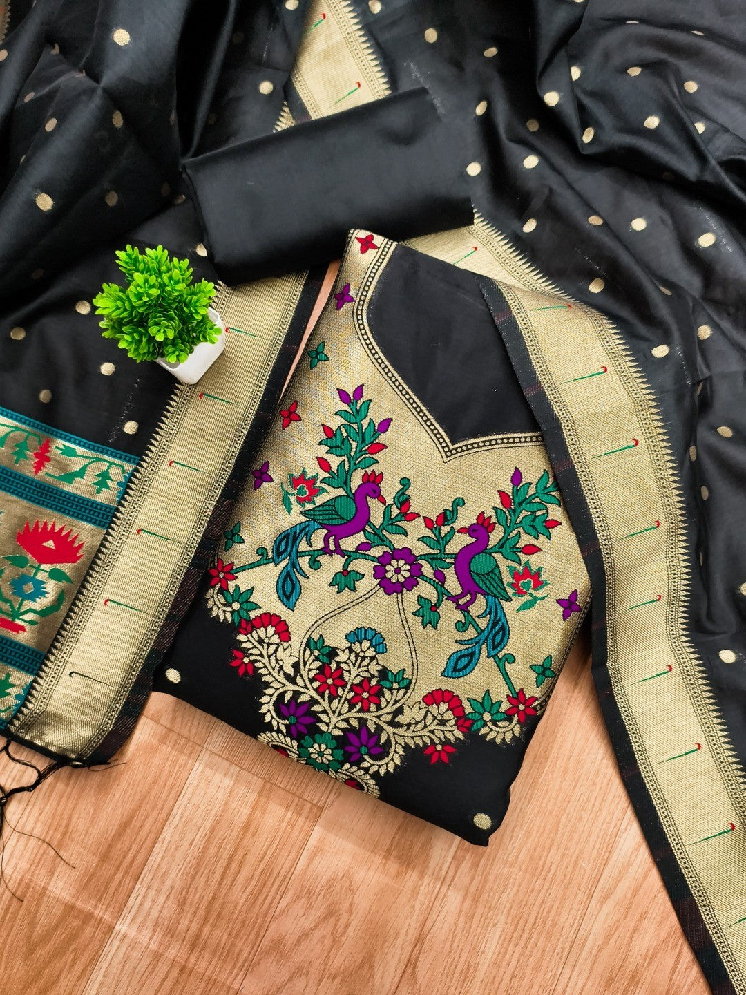 Luxury Black Floral & Peacock Design Zari Weaving Banarasi Silk Dress Material - Image 1