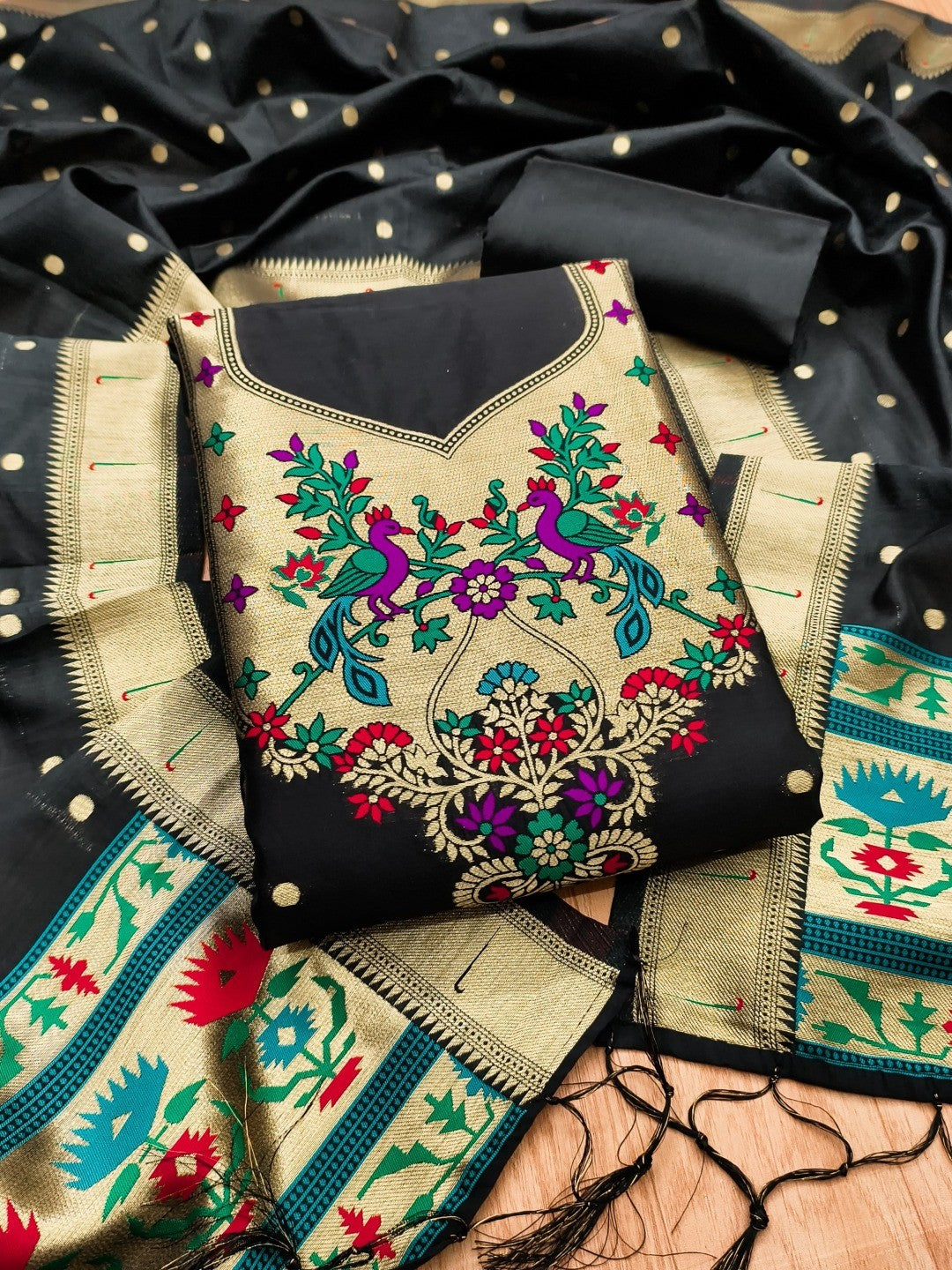 Luxury Black Floral & Peacock Design Zari Weaving Banarasi Silk Dress Material - Image 3