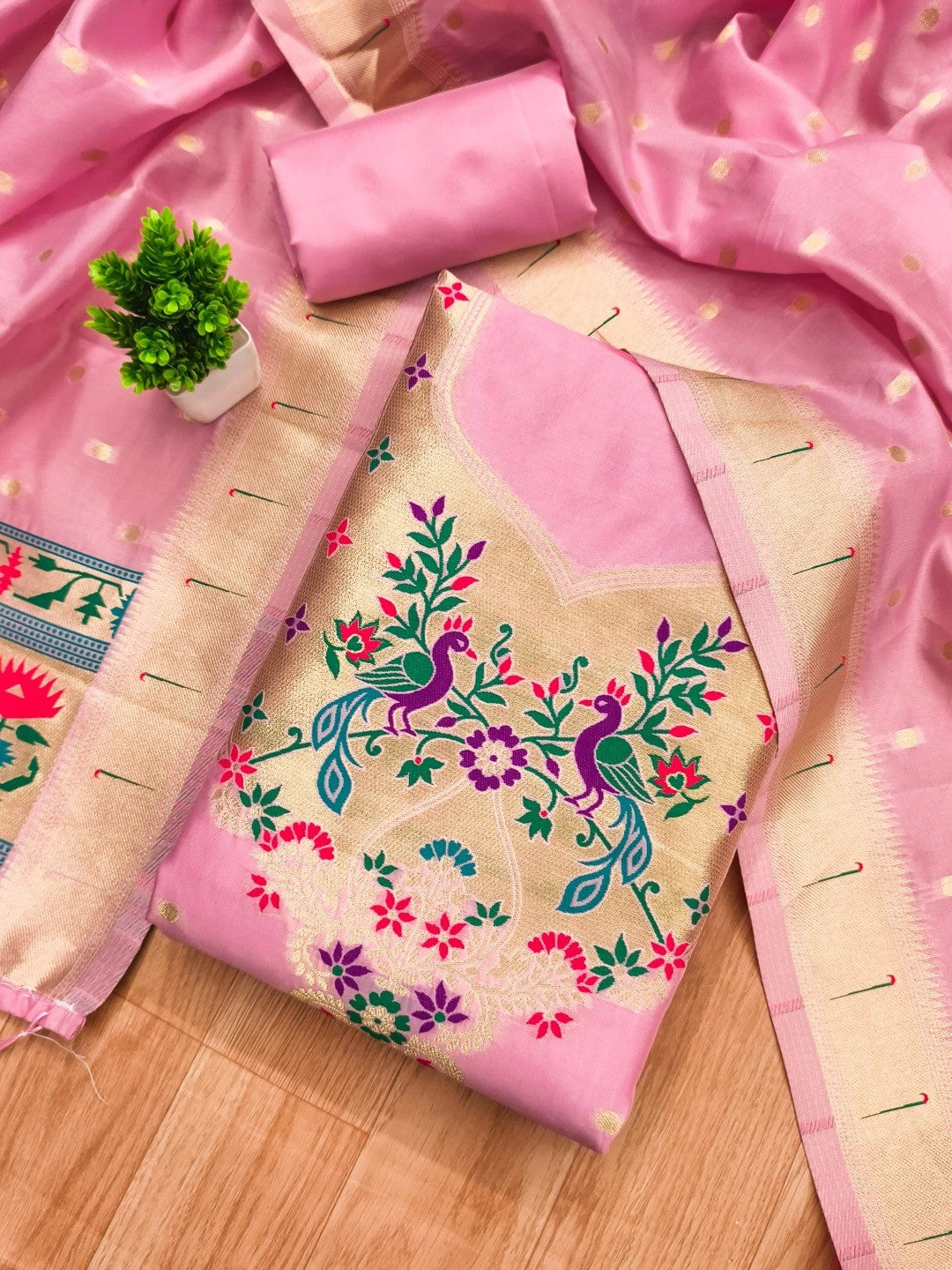 Luxury Baby Pink Floral & Peacock Design Zari Weaving Banarasi Silk Dress Material - Image 4