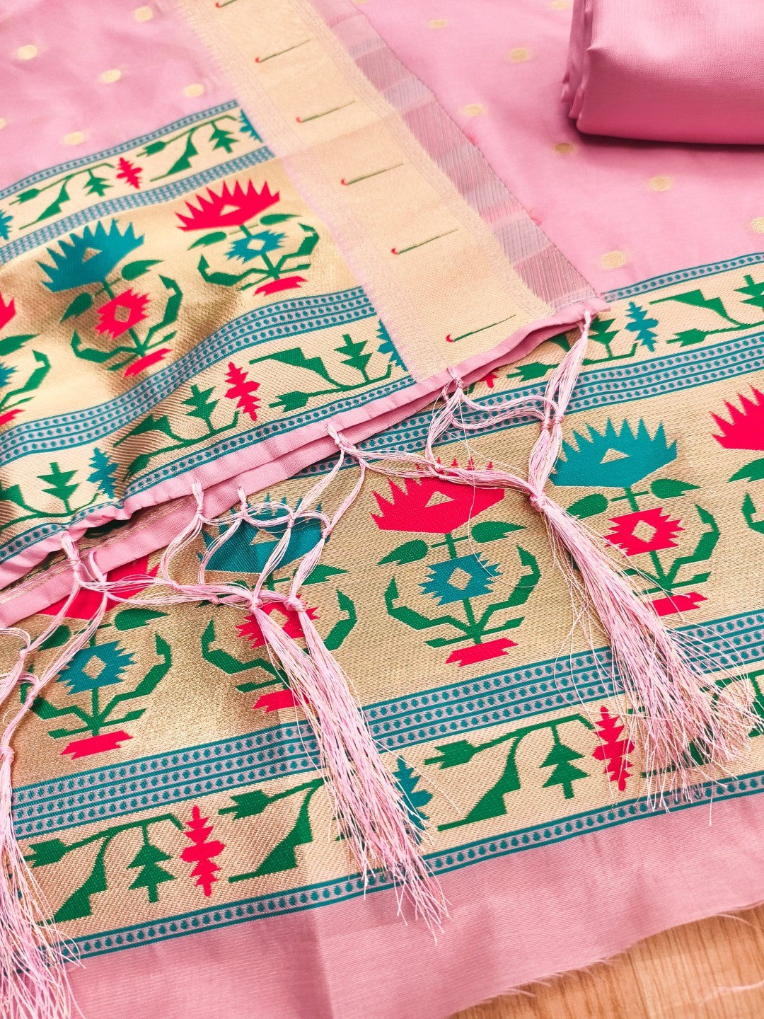 Luxury Baby Pink Floral & Peacock Design Zari Weaving Banarasi Silk Dress Material - Image 4