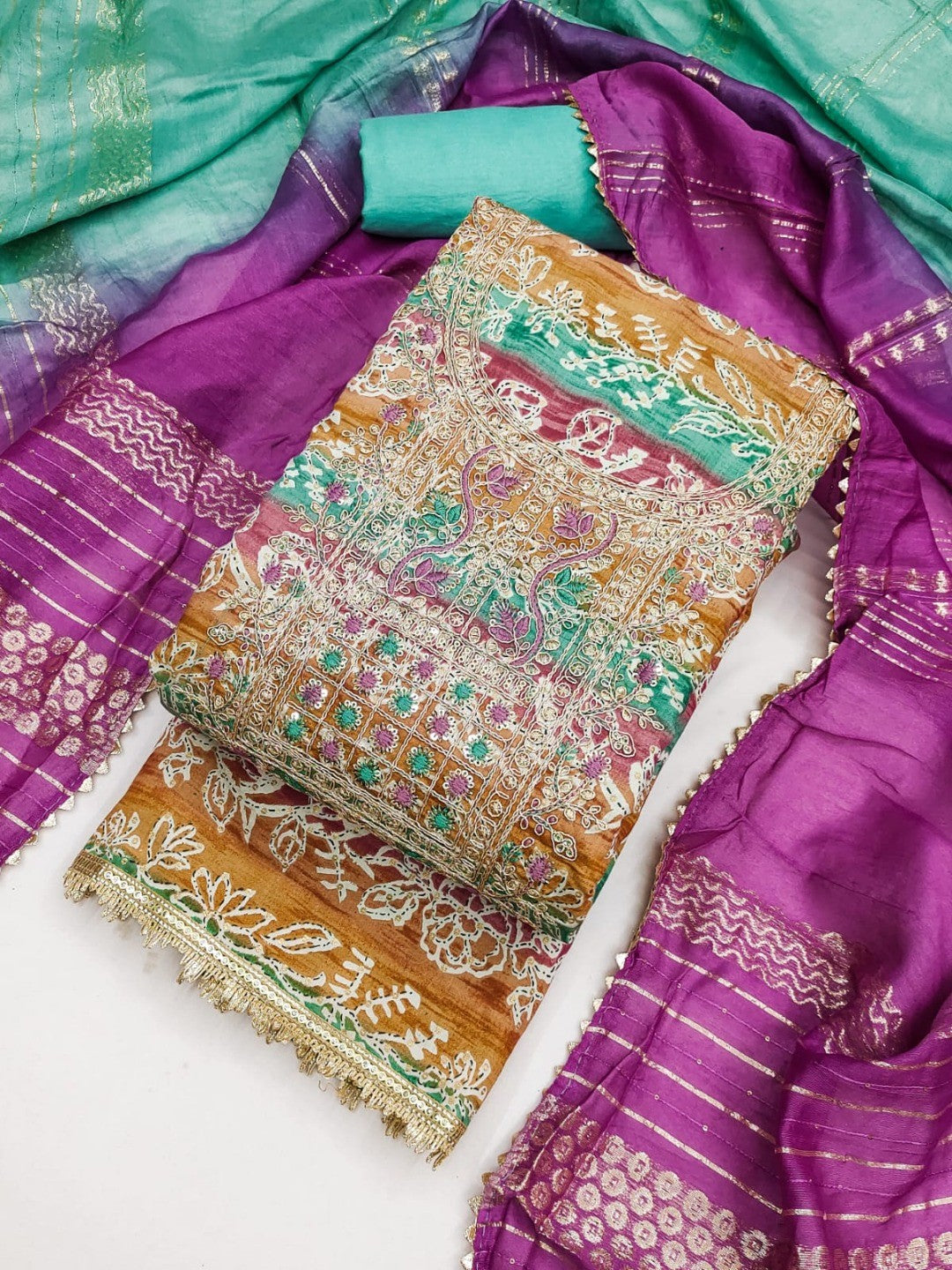 Multicolor Floral Printed Unstitched Silk Blend Dress Material with Dupatta and Detailed Craft Finish - Image 1