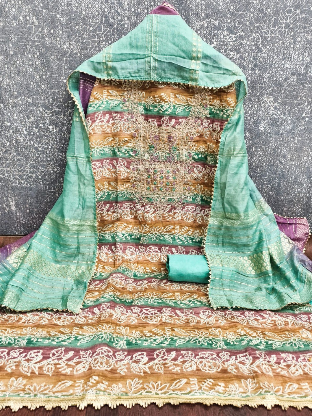 Multicolor Floral Printed Unstitched Silk Blend Dress Material with Dupatta and Detailed Craft Finish - Image 4