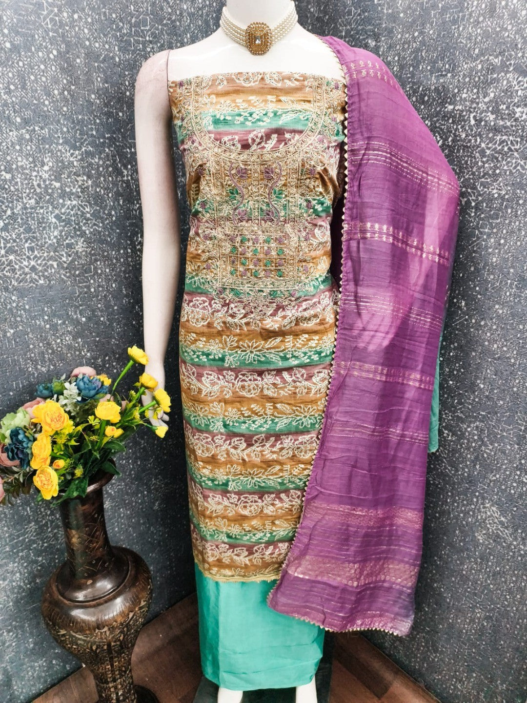 Multicolor Floral Printed Unstitched Silk Blend Dress Material with Dupatta and Detailed Craft Finish - Image 2