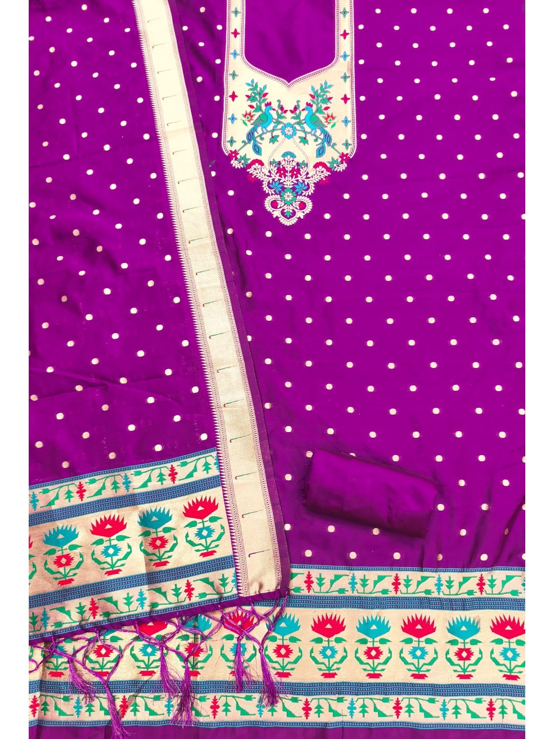 Luxury Purple Floral & Peacock Design Zari Weaving Banarasi Silk Dress Material - Image 5