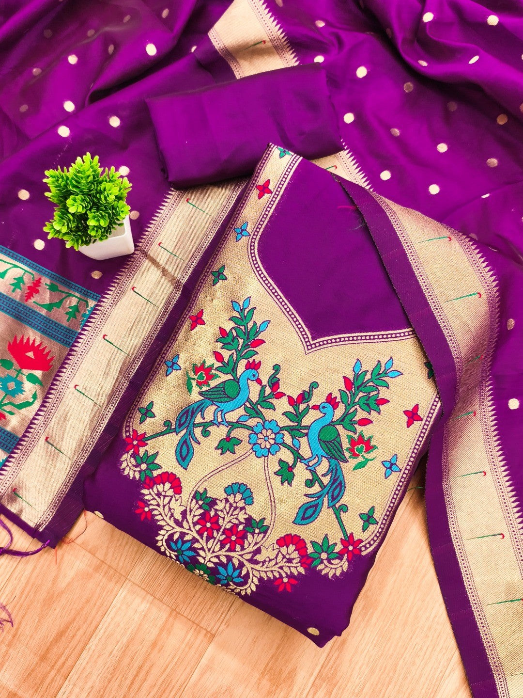 Luxury Purple Floral & Peacock Design Zari Weaving Banarasi Silk Dress Material - Image 3