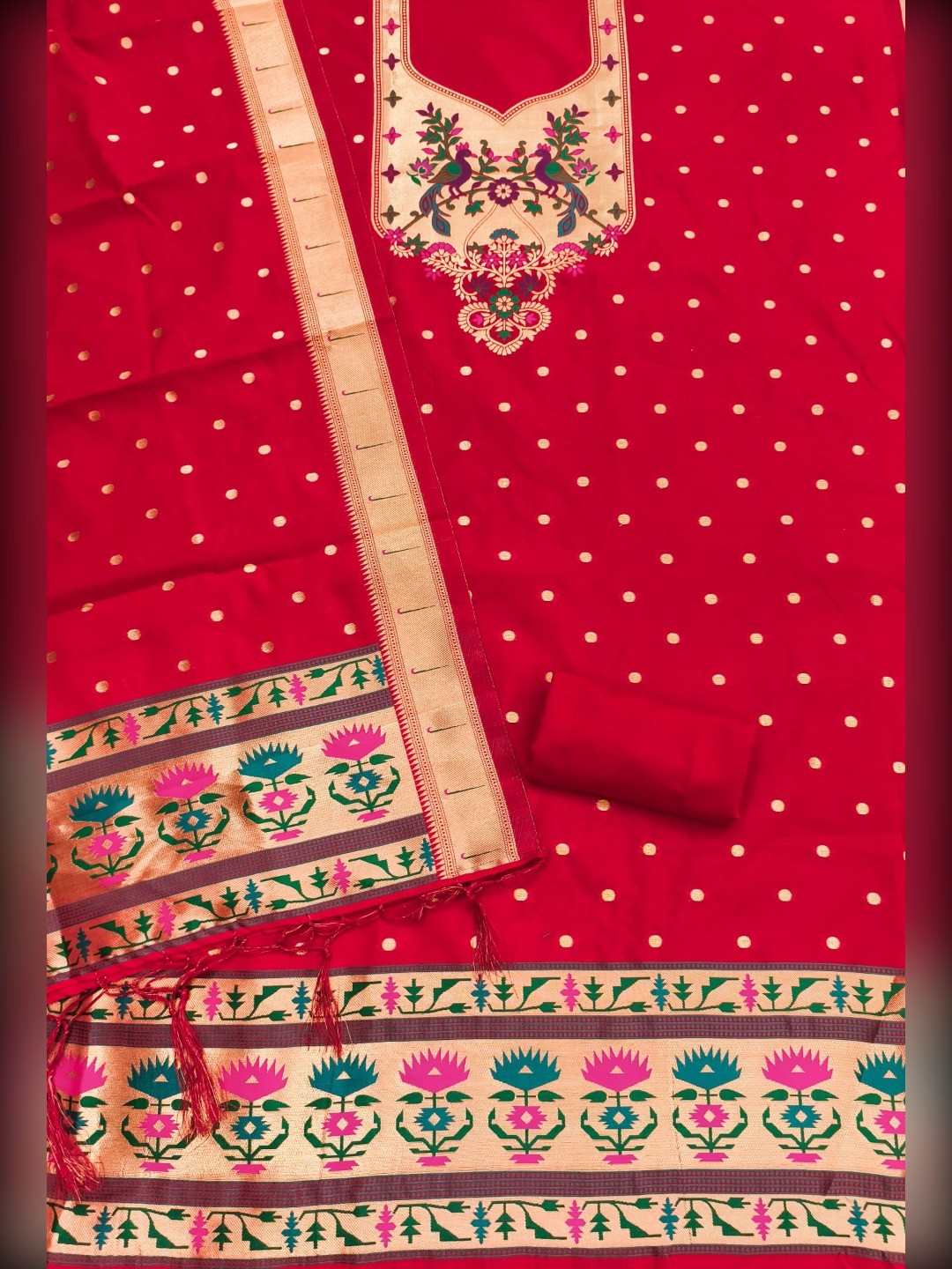 Luxury Red Floral & Peacock Design Zari Weaving Banarasi Silk Dress Material - Image 5