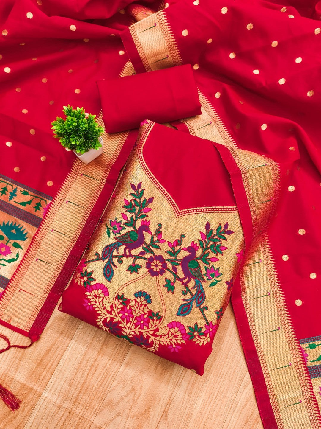 Luxury Red Floral & Peacock Design Zari Weaving Banarasi Silk Dress Material - Image 1