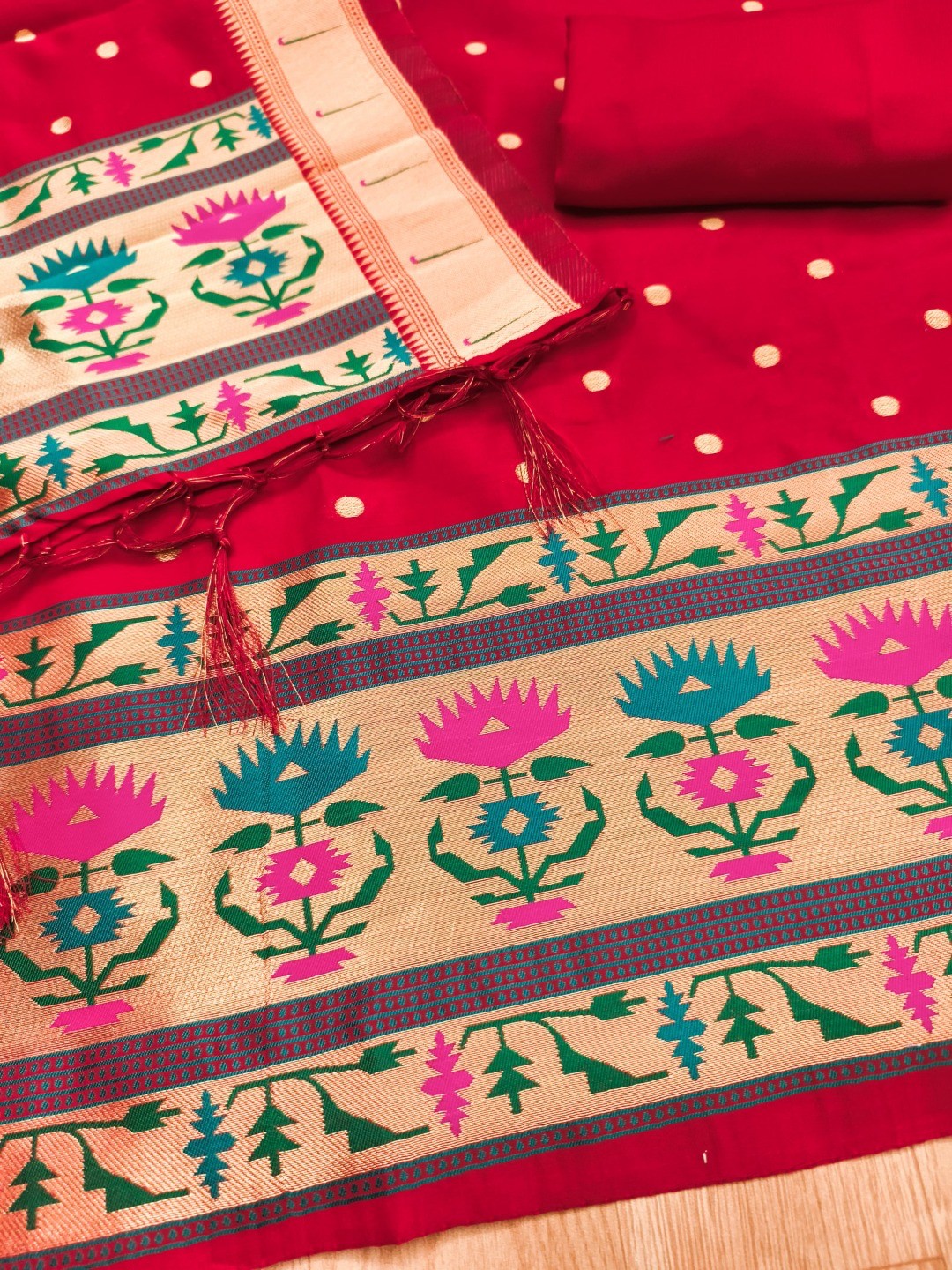 Luxury Red Floral & Peacock Design Zari Weaving Banarasi Silk Dress Material - Image 3