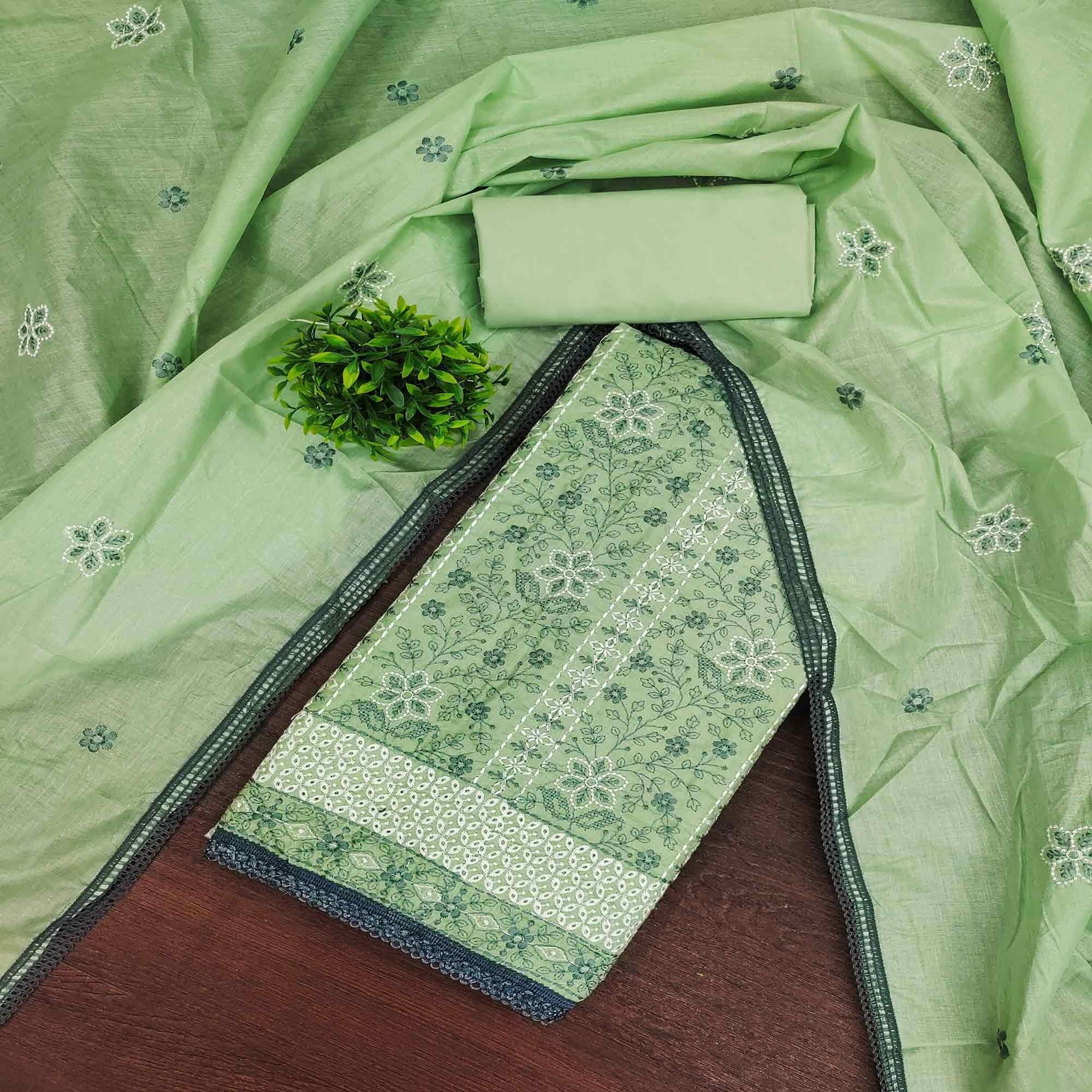 Pista Green Floral Embroidered Pure Cotton Dress Material - Image 1