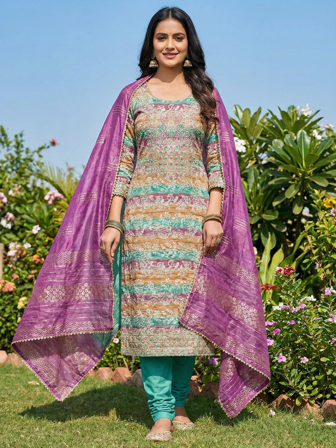 Multicolor Floral Printed Unstitched Silk Blend Dress Material with Dupatta and Detailed Craft Finish - Image 3