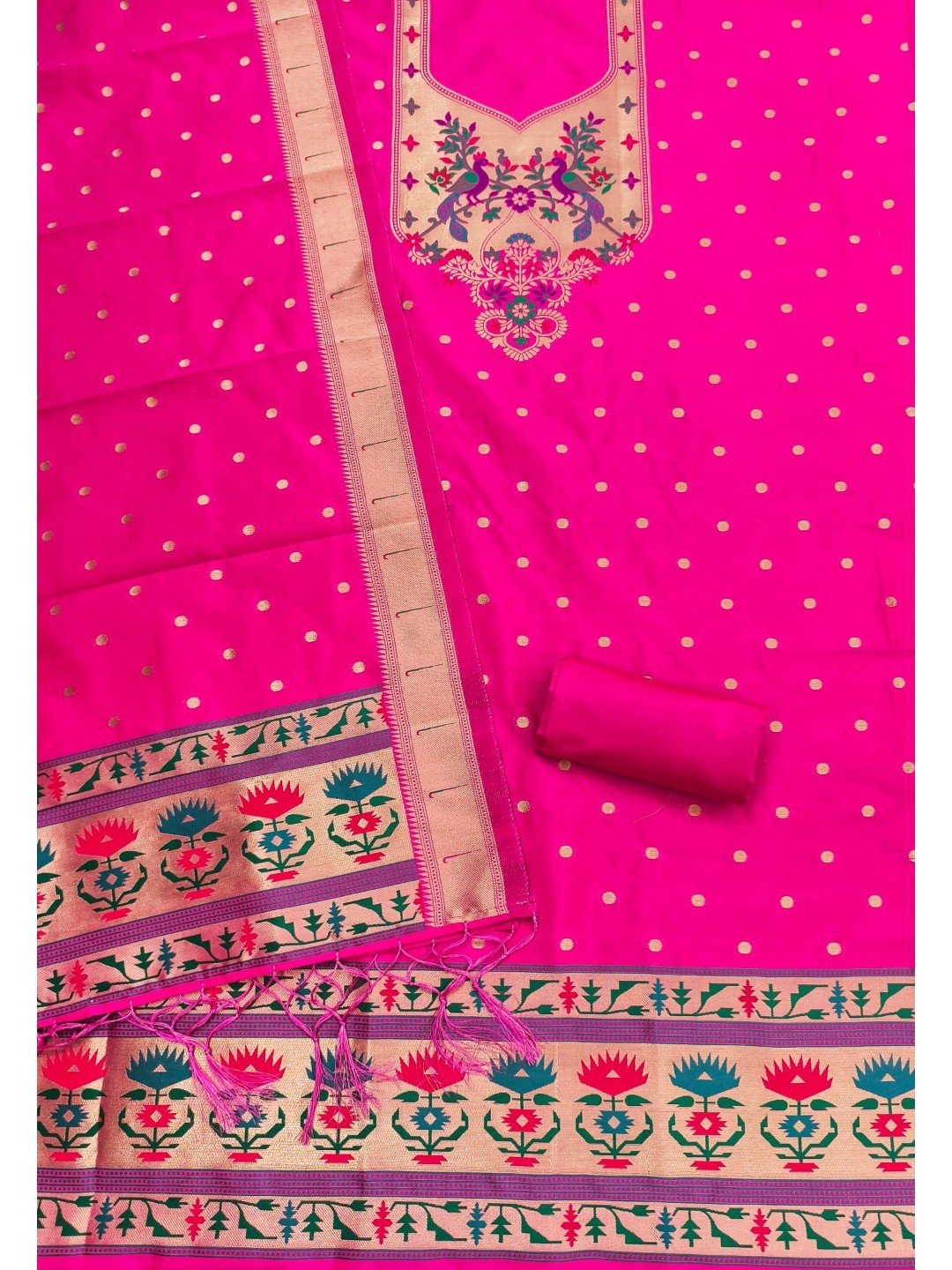 Luxury Rani Pink Floral & Peacock Design Zari Weaving Banarasi Silk Dress Material - Image 4