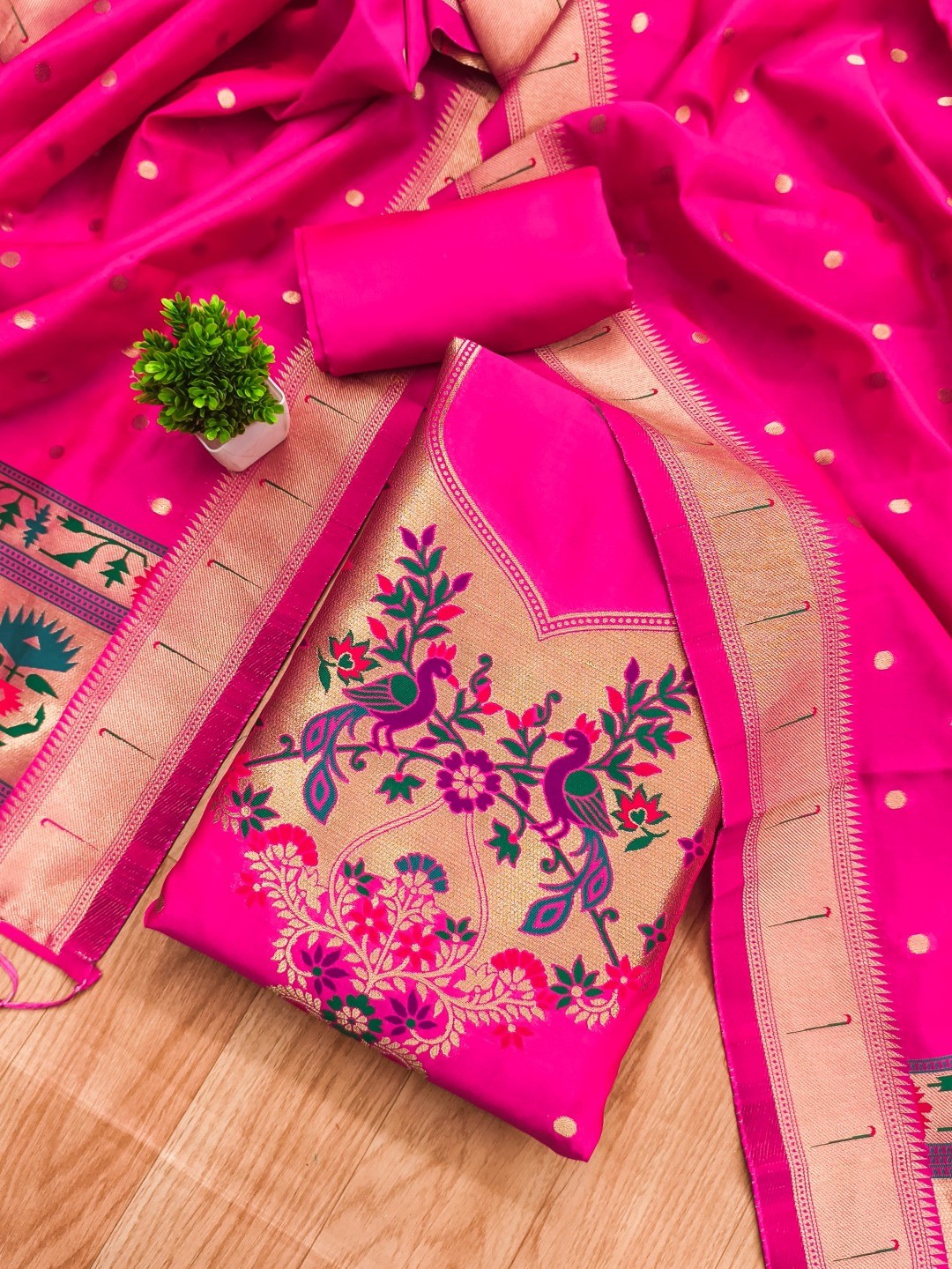 Luxury Rani Pink Floral & Peacock Design Zari Weaving Banarasi Silk Dress Material - Image 1