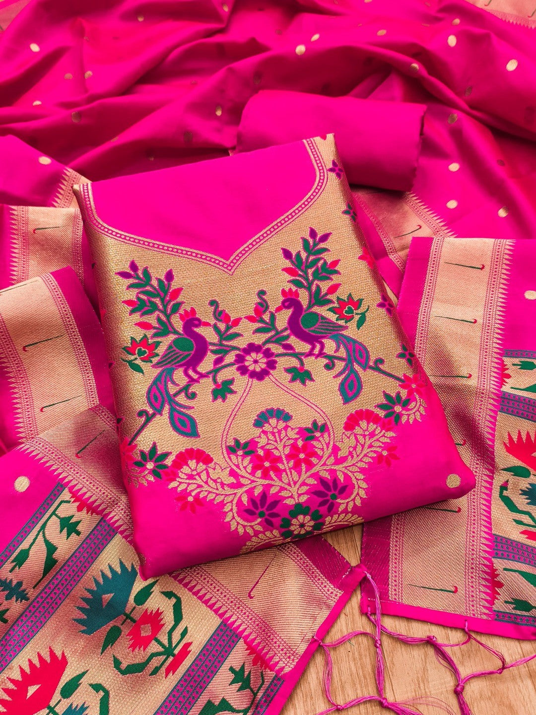 Luxury Rani Pink Floral & Peacock Design Zari Weaving Banarasi Silk Dress Material - Image 5