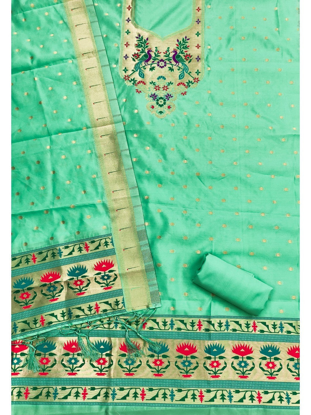 Luxury Sea Green Floral & Peacock Design Zari Weaving Banarasi Silk Dress Material - Image 5