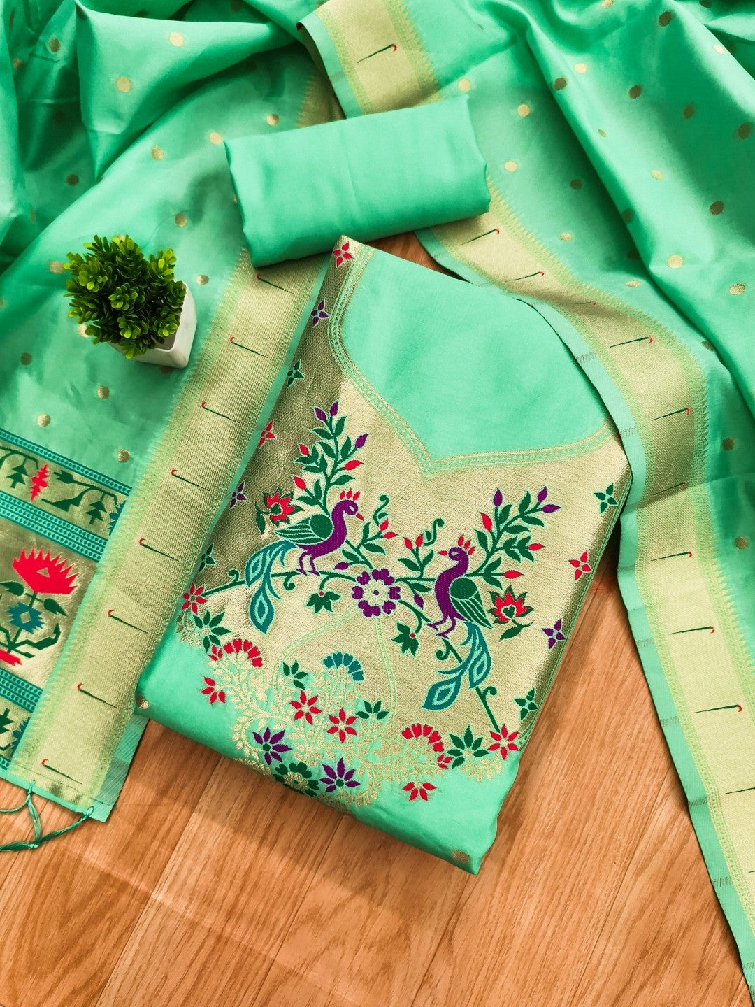 Luxury Sea Green Floral & Peacock Design Zari Weaving Banarasi Silk Dress Material - Image 4