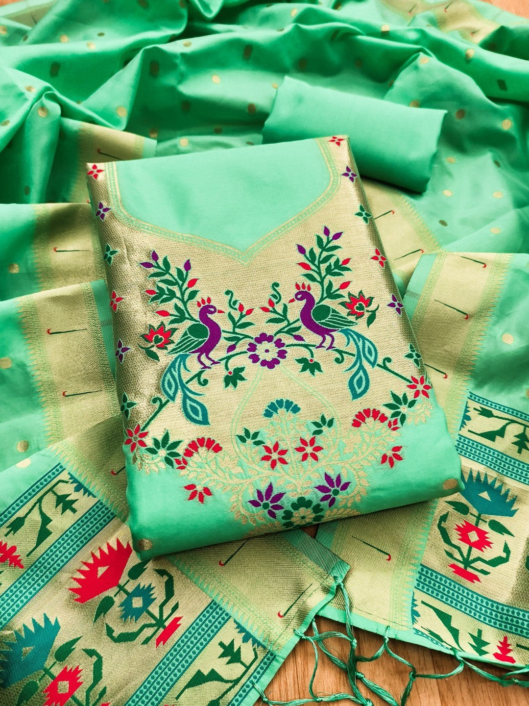 Luxury Sea Green Floral & Peacock Design Zari Weaving Banarasi Silk Dress Material - Image 1