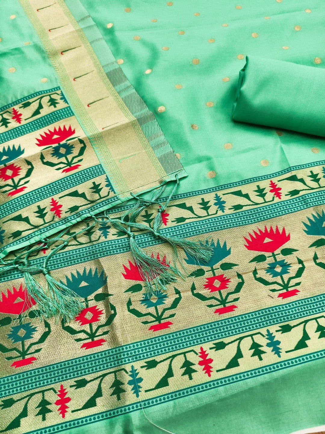 Luxury Sea Green Floral & Peacock Design Zari Weaving Banarasi Silk Dress Material - Image 3